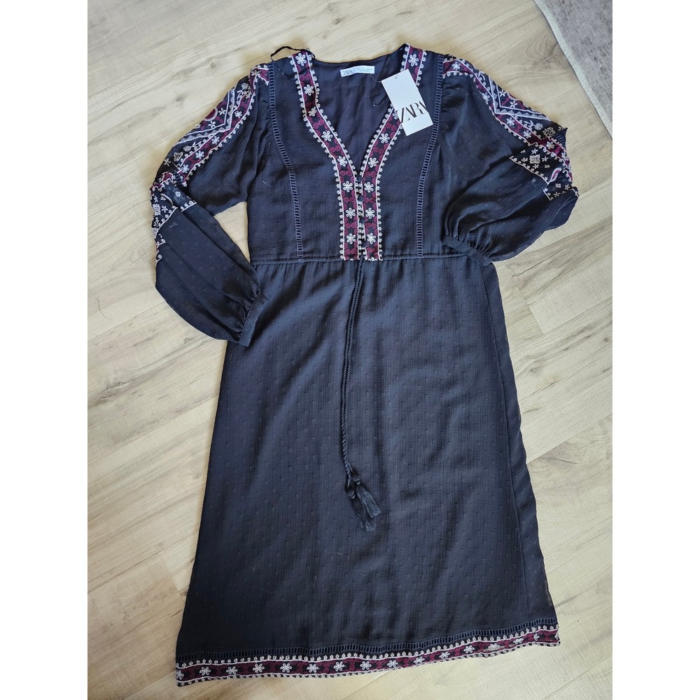 Zara Womens Black Embroidered Swiss Dot Midi Dress Boho Tassel Brand new